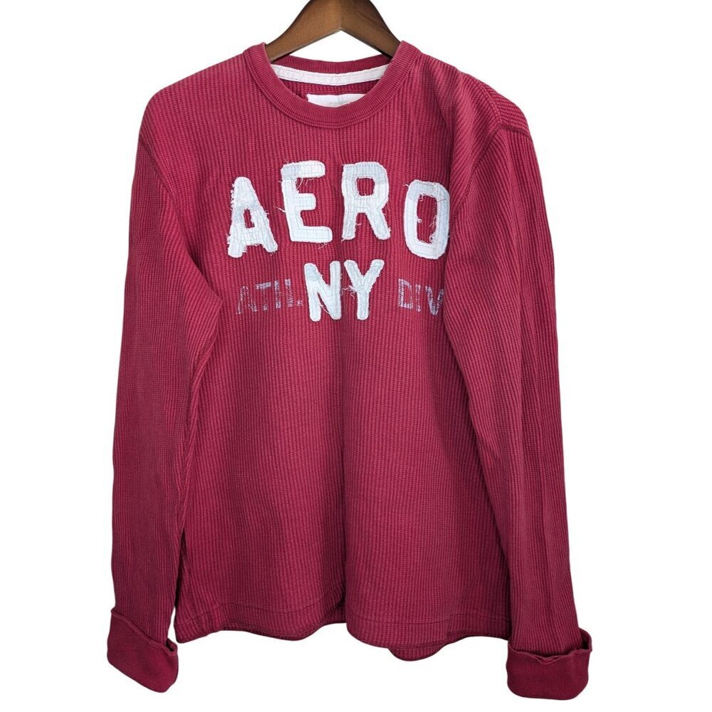 Aeropostale Y2K Mens Thermal Long Sleeve Shirt Large Red Waffle Knit Preppy